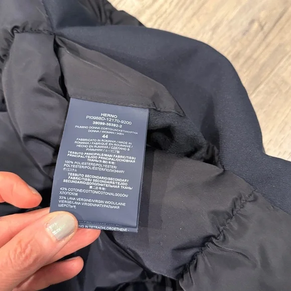 Herno Women's Navy Blue Removable Windblocker Hooded Down Coat Jacket Size M 44 - Picture 12 of 16